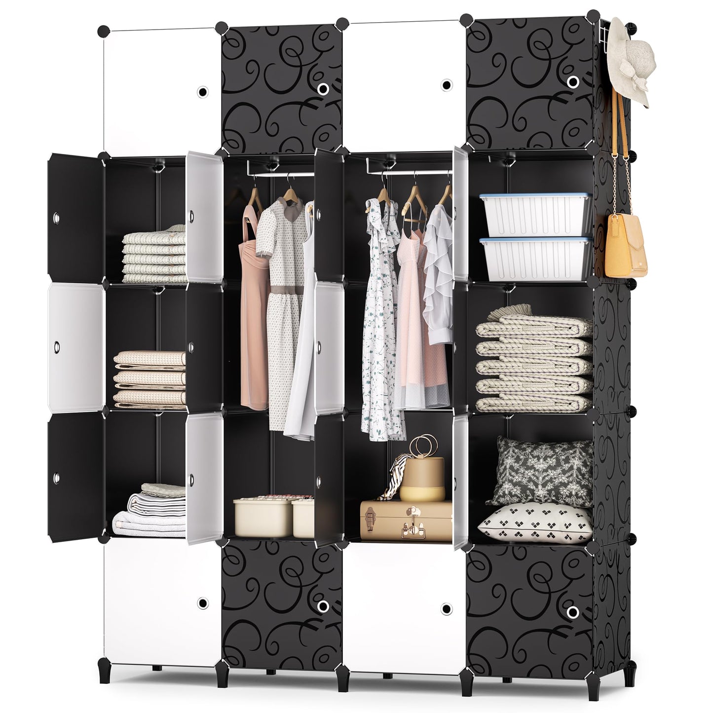 HOMIDEC Wardrobe, Portable Shelf System, 20 Cube Plastic Cabinet with 2 Clothes Rails, Bedroom Wardrobe, White for Bedroom, 180 x 142 x 45 cm