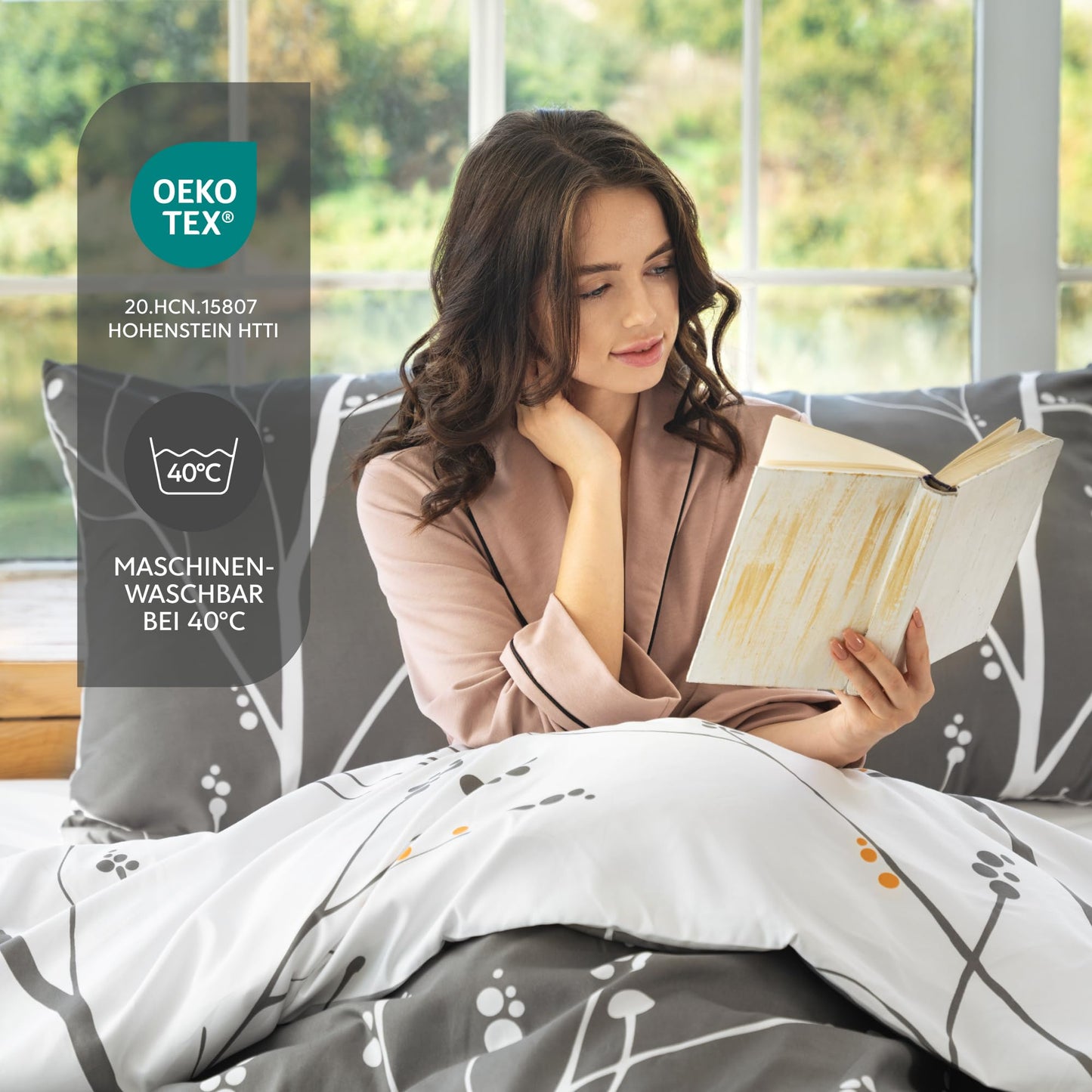 Dreamzie Bed Linen Set 155 x 220 cm with 2 Pillowcases 80 x 80 cm, Botanic Motif Sage Green, Adult Bed Linen, 155 x 220 cm, Made of 100% Microfibre, Certified, No Chemicals (OEKO TEX)