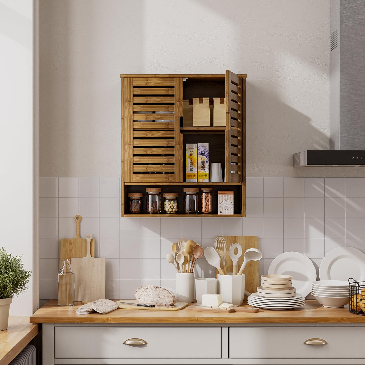 SMIBUY Bathroom Cabinet, Wall Mounted, Bamboo Over the Toilet Storage Organiser, Space Saving Medicine Cabinet with 2 Doors and Adjustable Shelves (Black)