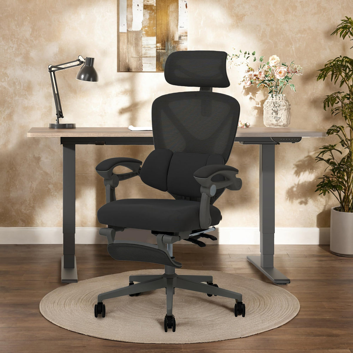 FLEXISPOT Ergonomic Office Chair, X-shaped Desk Chair with 135° Tilt, Coupled Armrests with Zoned Adjustable Lumbar Support, Swivel Chair with Footrest, 3D Headrest, White/Grey