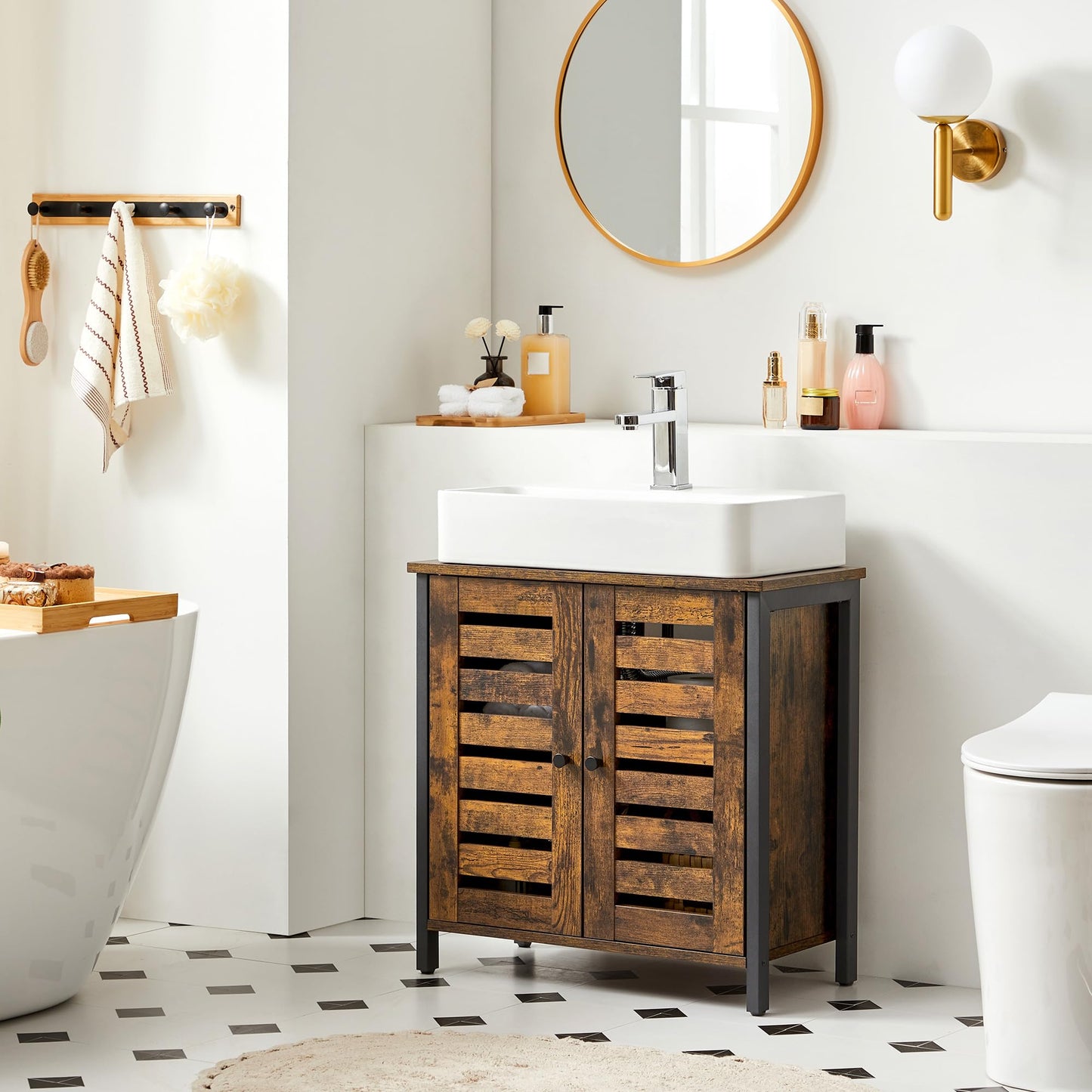 Vasagle BBC05WT Scandinavian Style Bathroom Cabinet, Storage Cabinet 60 x 30 x 60 cm with 2 Slat Doors, Adjustable Shelf with Handles - Matt White