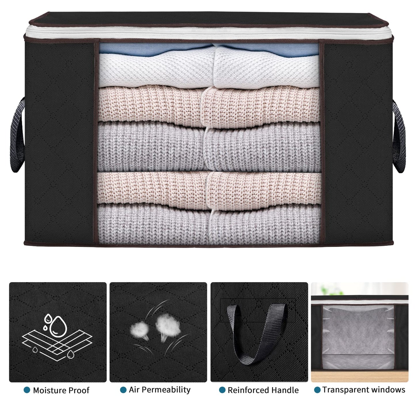 Budding Joy Pack of 6 90 L Storage Bags, Storage Boxes with Lid, Large, Clothes Storage, Moving Boxes, Foldable Underbed Wardrobe for Clothes, Duvets and Bedding, Grey