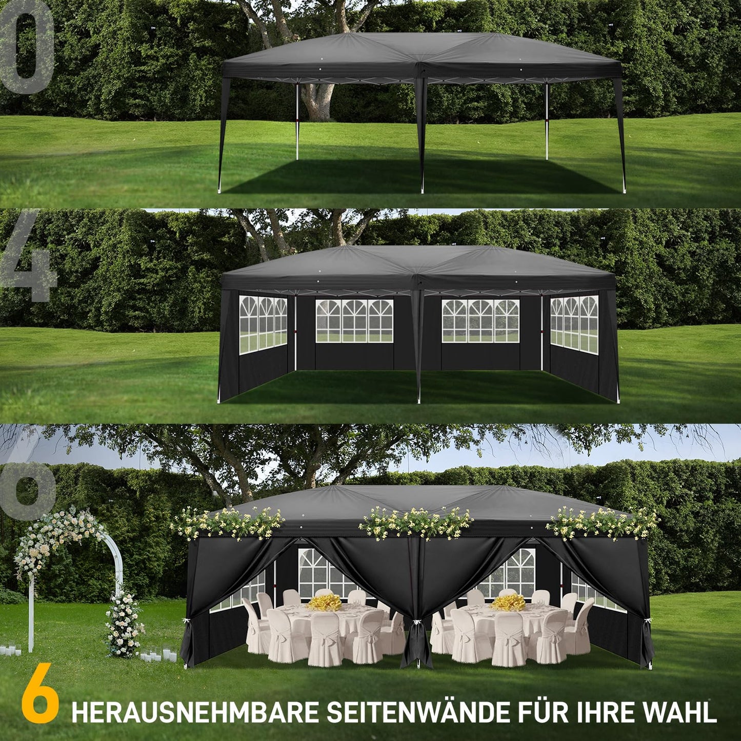 LEADZM Gazebo, Folding Gazebo, 3 x 6 m, Pop-Up, Waterproof, Winterproof, Height Adjustable, UV Protection 50+, Garden Tent, Party Tent, Steel Frame, with 6 Side Panels, for Garden, Party, Camping,