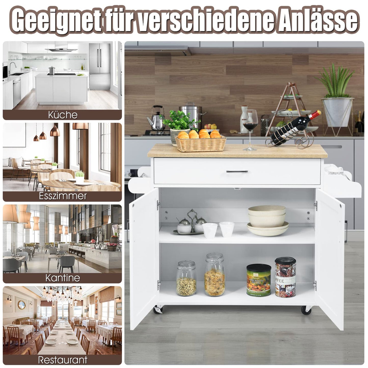 COSTWAY Kitchen trolley with towel holder and spice board, kitchen island with drawer and height-adjustable shelf, kitchen cabinet rollable, wooden serving trolley, kitchen island trolley (black)