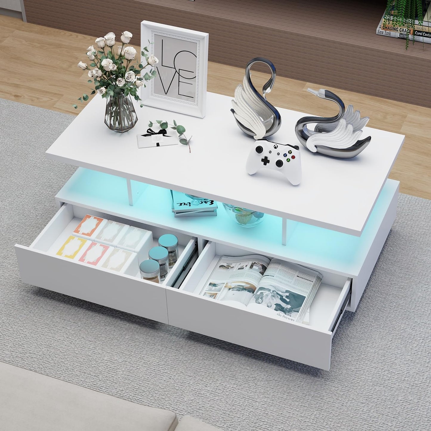 YU YUSING LED Coffee Table, Living Room Table, Coffee Table with 2 Drawers, 2 Shelves, 6000 Coloured LED Lighting, Remote Control, App Control, Side Table with Open, 105 x 50 x 39 cm, Modern White