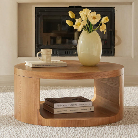 Round Wooden Coffee Table, Living Room Table with Large Storage Space, Coffee Table No Assembly Required, Modern Sofa Table for Living Room, Bedroom, Diameter 80 x 36 cm, Coffee Table (Black)