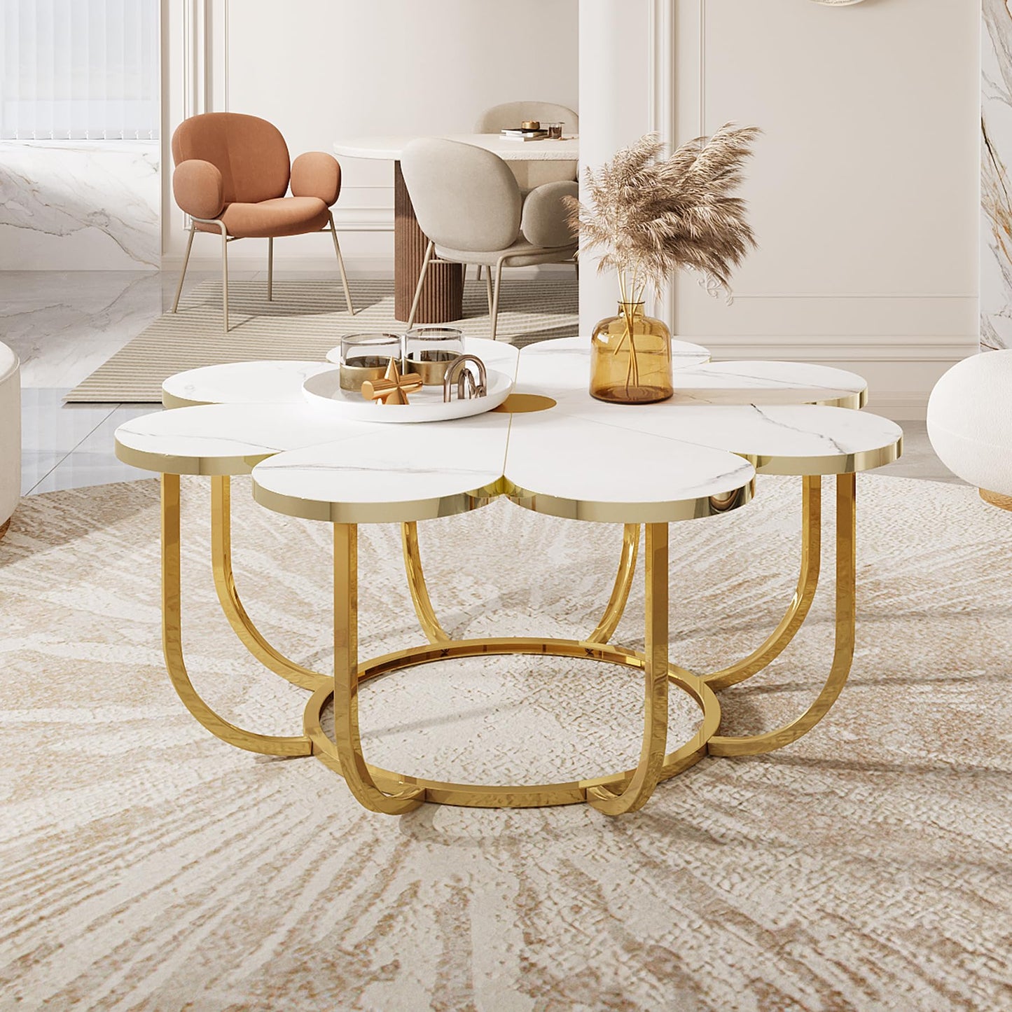 Tribesigns Coffee Table in White and Gold, Modern Coffee Table in Flower Shape with Faux Marble Top 100 cm Large Floral Accent Table with Metal Frame, Living Room Table, Sofa Table for Living Room