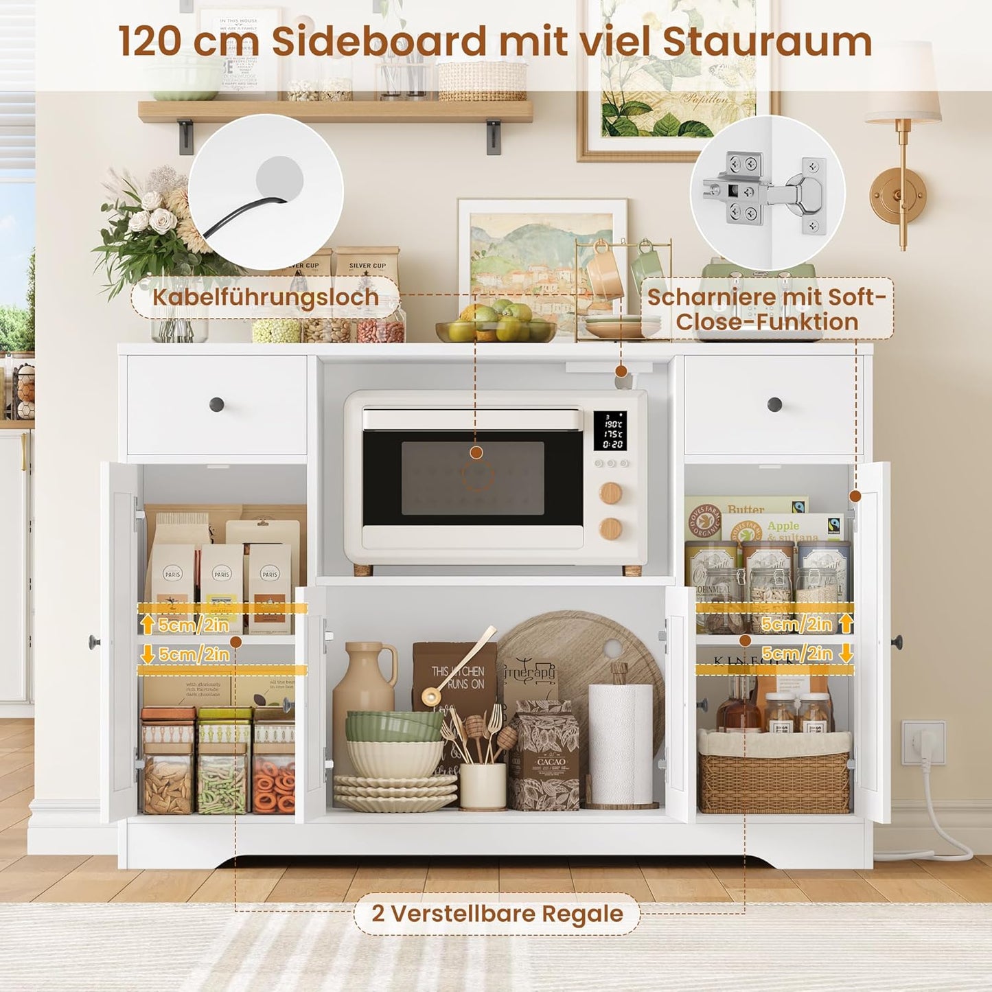 HOCSOK 120 cm Sideboard Kitchen, Kitchen Cabinet with Socket and Microwave Shelf, Storage Cabinet Buffet Cabinet with Adjustable Shelves for Kitchen, Dining Room, Living Room, 120 x 85 x 40 cm