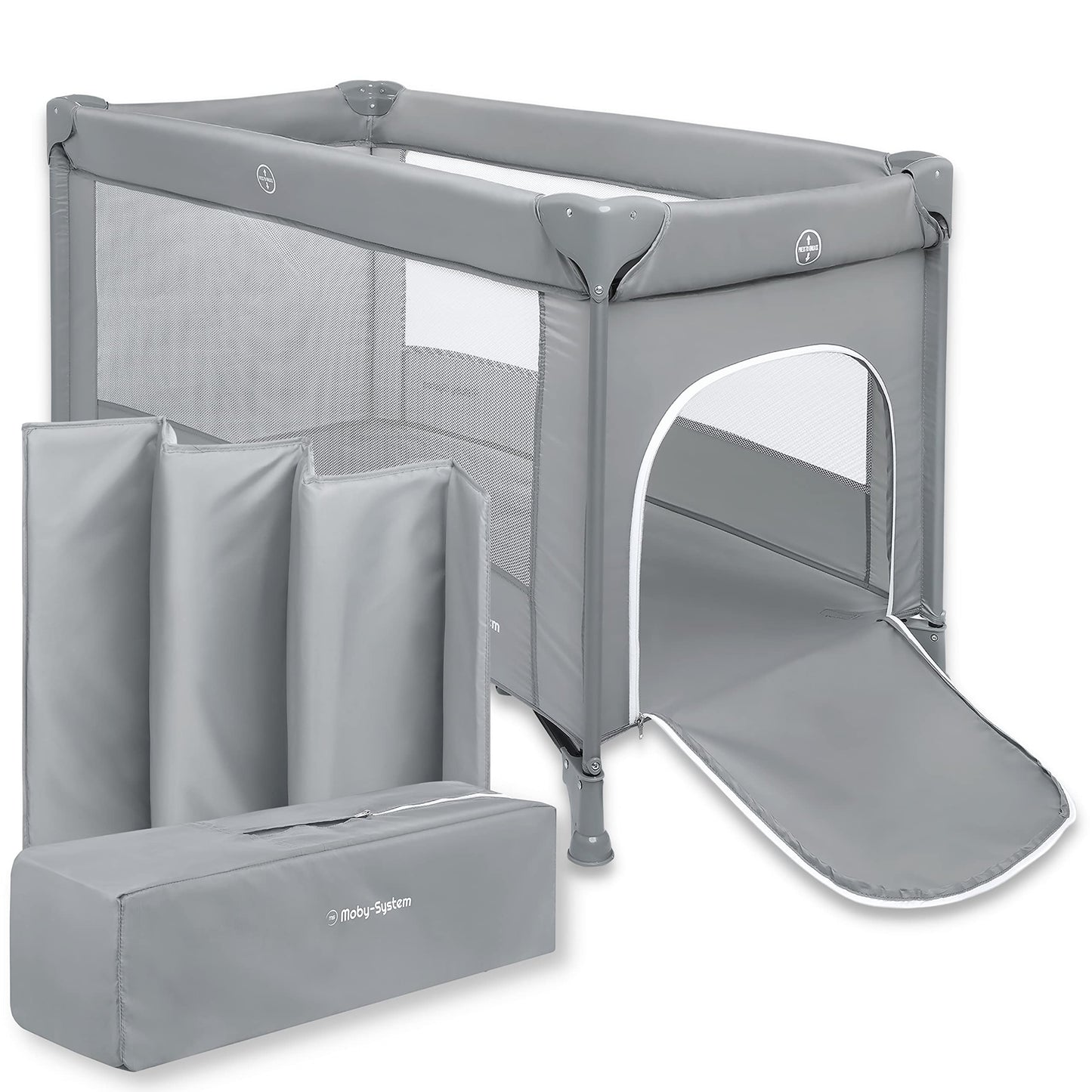 Moby-System Baby Travel Cot 128 x 68 cm - Foldable Children's Travel Bed with Mattress & Carry Bag - Playpen with Side Exit - for Babies up to 15 kg - Grey