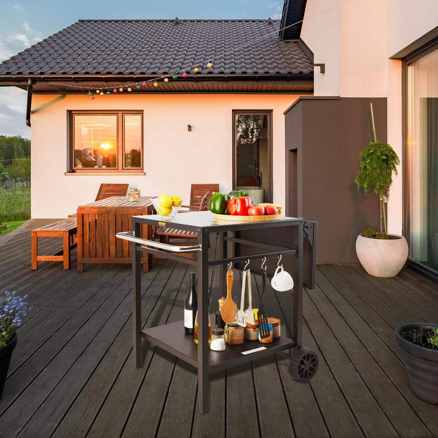 VEVOR Barbecue Trolley, Kitchen Trolley, 97.2 x 64 x 75.5 cm, Outdoor Serving Trolley with Double Shelf, Movable Grill Table for Preparing Food, Multifunctional Iron Table Top, Black