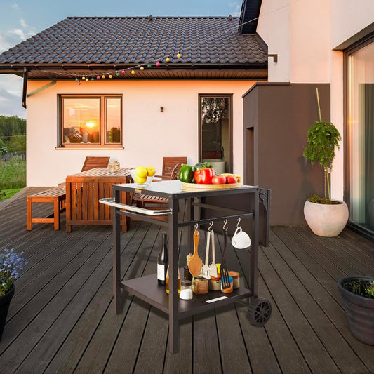 VEVOR Barbecue Trolley, Kitchen Trolley, 97.2 x 64 x 75.5 cm, Outdoor Serving Trolley with Double Shelf, Movable Grill Table for Preparing Food, Multifunctional Iron Table Top, Black