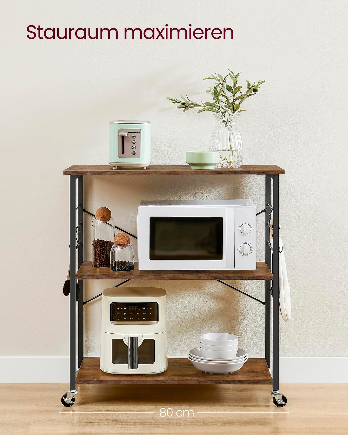 VASAGLE KKS60XV1 Kitchen Rack on Wheels Serving Trolley 3 Tier Kitchen Trolley Mini Oven Microwave Metal Frame 6 Hooks 40 x 60 x 89 cm Vintage Brown Ink Black