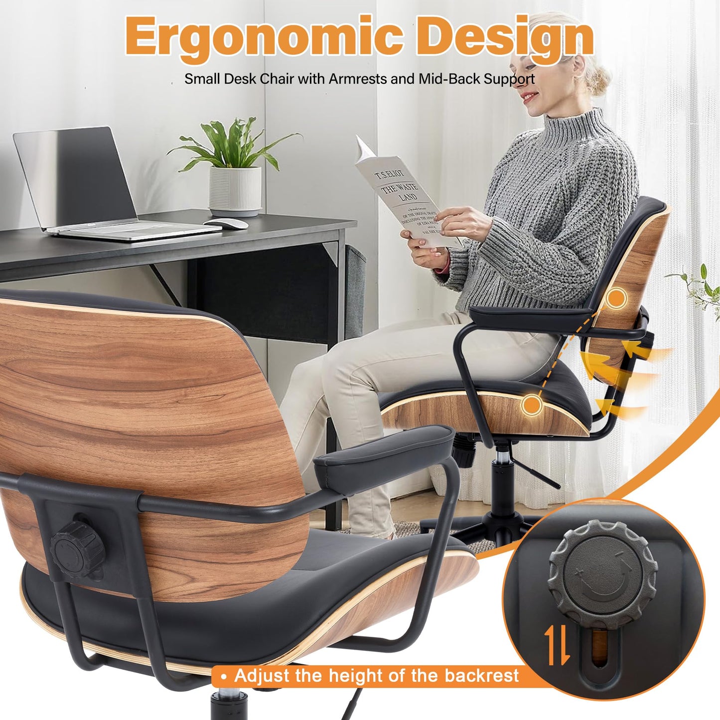 BERYTH Home Office Swivel Chair with Armrests Medieval Modern Office Chair 360° Rotatable Height Adjustable Desk Chair Makeup Chair for Office, Study, Bedroom Maximum Load 136 kg, Beige