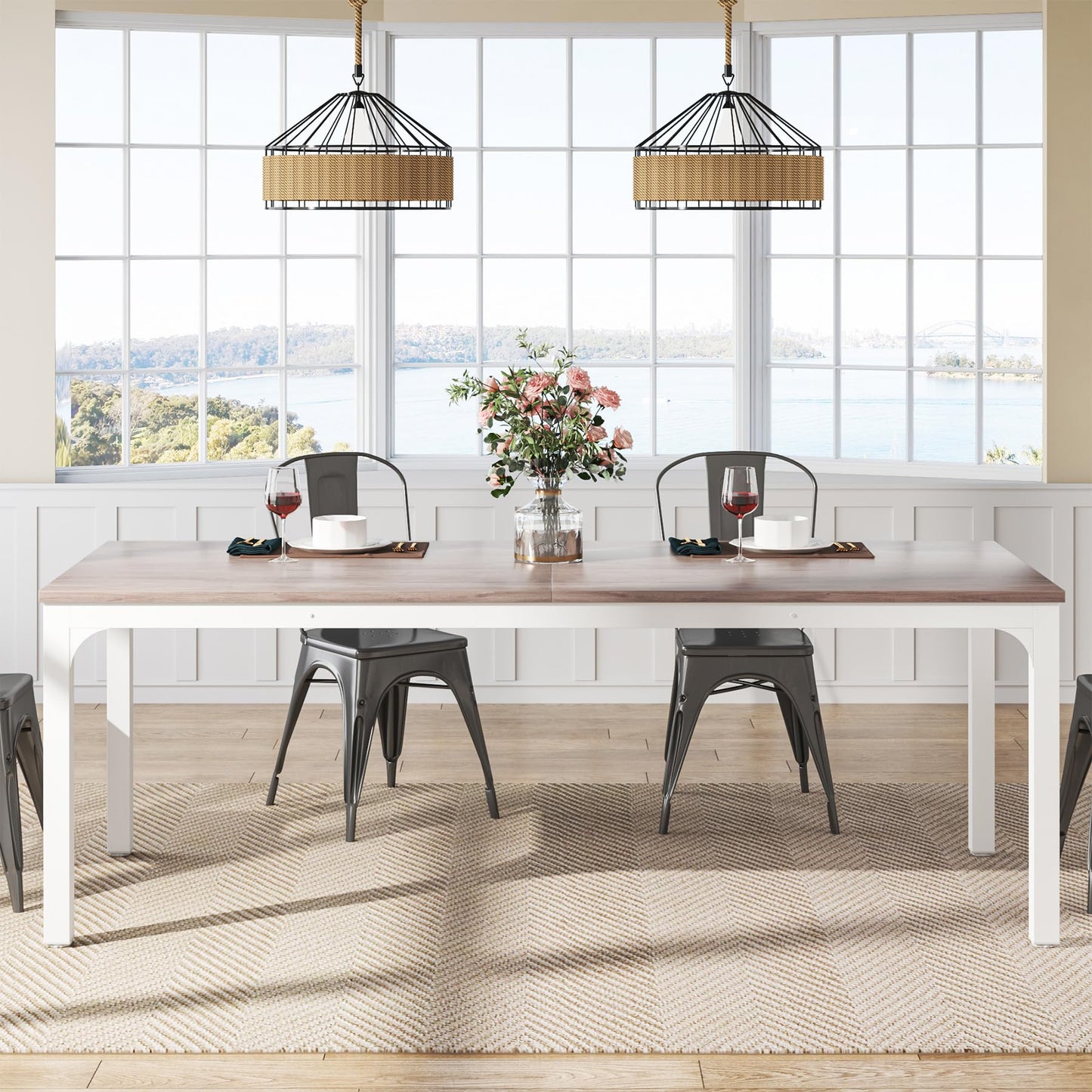 Tribesigns Dining Table, Industrial Kitchen Table for 4-6 People, 200 x 70 x 75 cm, Rectangular Dining Table for Dining Room, Kitchen, Living Room, with Heavy Duty Metal Legs, Oak