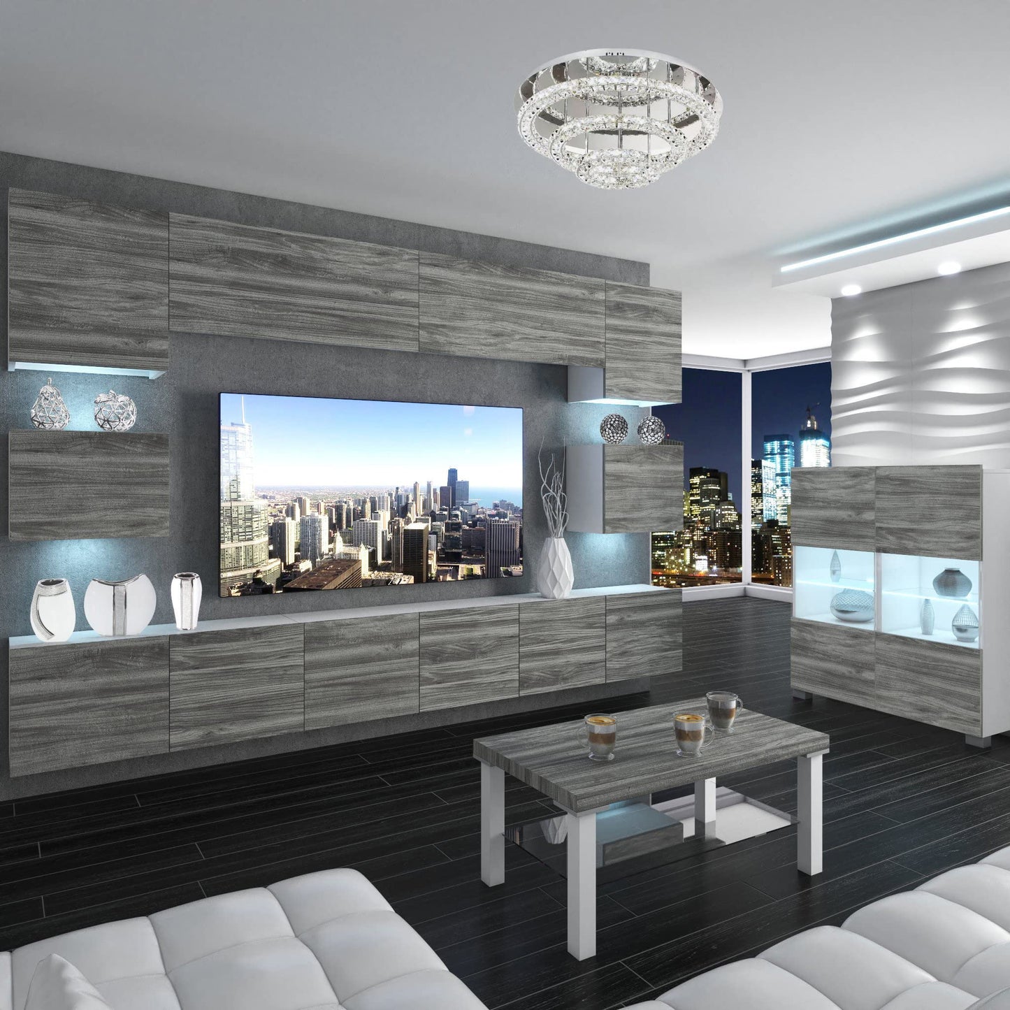 BELINI Living Room Wall Unit Full Equipment Living Room Set Modern Cabinet Wall with LED Lighting TV Cabinet White