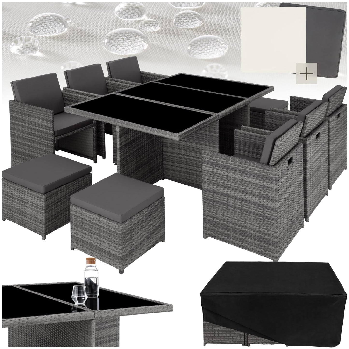 tectake Polyrattan Gartenmöbel Set, Sitzgruppe mit 6 Stühle +1 Glasplatte Tisch + 4 Hocker, Gartenlounge Set klappbar, für bis zu 10 Personen, Balkon Möbel, inkl. 2 Bezugsset - Natur
