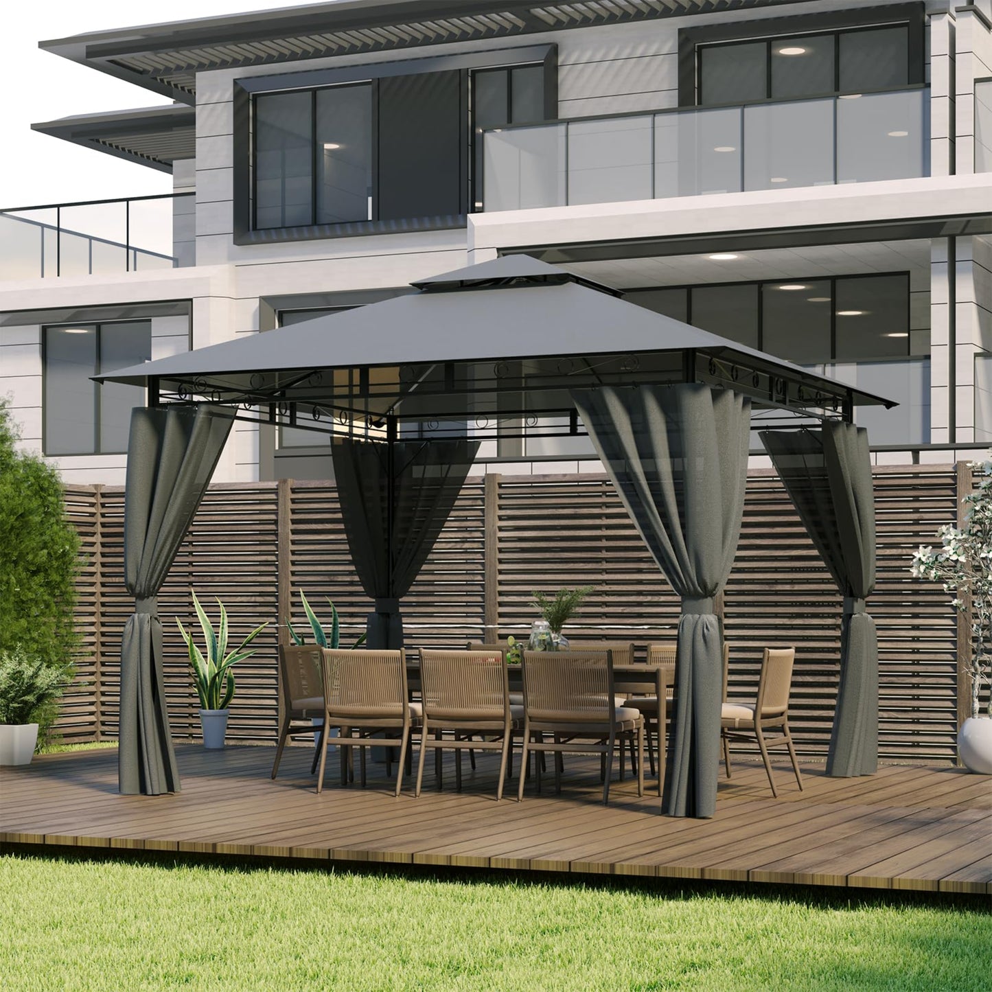 Devoko Garden Gazebo 3 x 3 Waterproof Stable Winterproof Deluxe Gazebo, UV Protection 50+ Double Roof Party Tent, Garden Tent, Patio Gazebo for Festivals, Events, Parties for 4-6 People, Beige