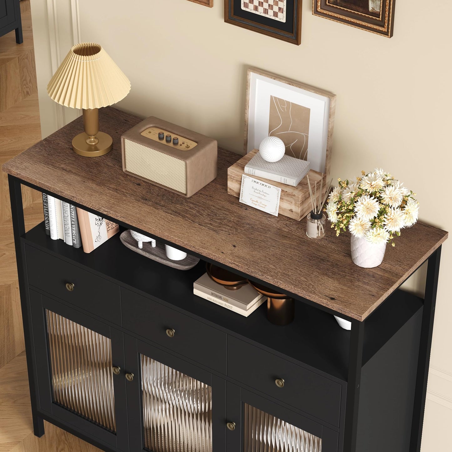 FirFurd Sideboard Küchenschrank mit Arbeitsplatte ＆3 Schubladen＆3 Glastüren, Buffetschrank Kommode Kaffeebar Mehrzweckschrank, Sideboard für Wohnzimmer Küche Esszimmer 108 x 38 x 98,5 cm schwarz