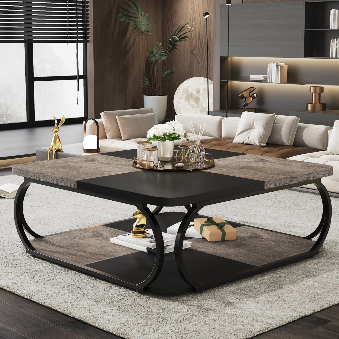 Tribesigns Square Coffee Table for Living Room, 100 x 100 x 50 cm, Wood Composite Coffee Table, Low Living Room Table for Modern Living Room, Rustic Brown, Black