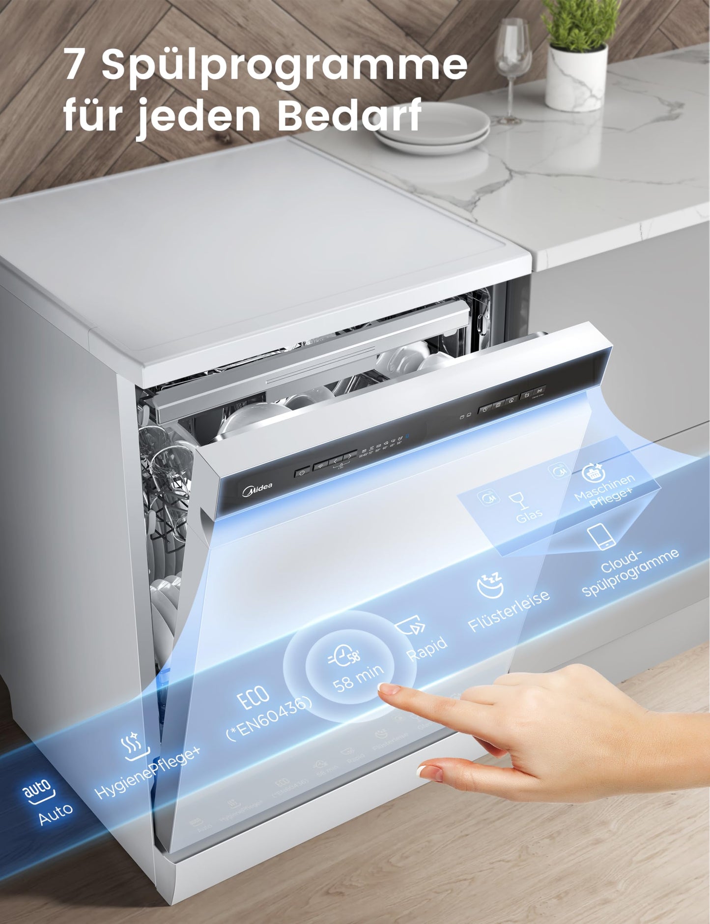 Midea SU 5.35X14CS Dishwasher Base, 14 MGD, Dishwasher 60 cm, Home Connect, Hygiene Care+, Machine Care +, Extra Drying, Half Load, 44 db, Start Delay, Stainless Steel