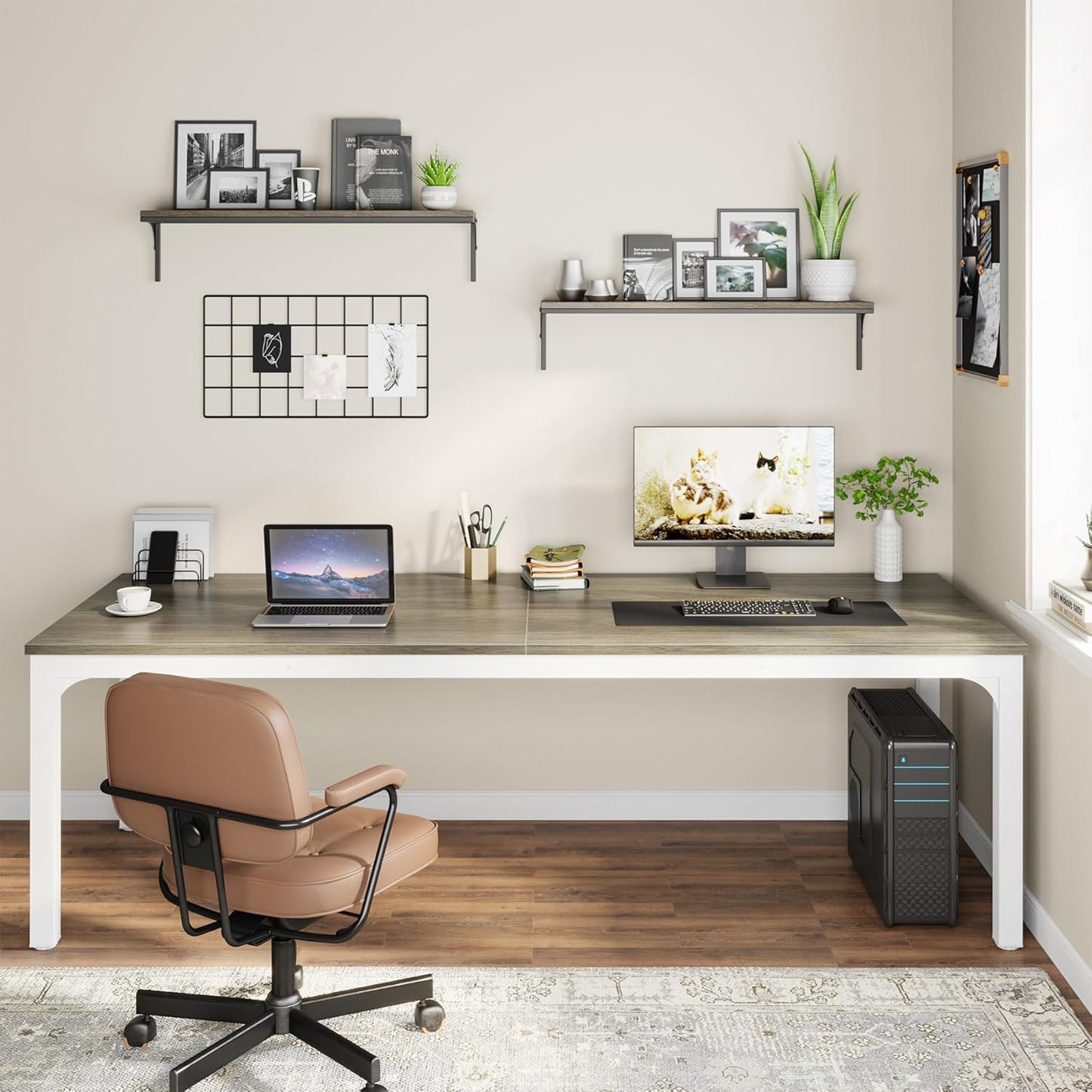 Tribesigns Schreibtisch Computertisch 200 x 70 x 75 cm Doppelter langer Schreibtisch, PC Tisch Bürotisch Arbeitstisch Esstisch Büro-Möbel Computertisch Konferenztisch für Home Office, Rustikales Braun