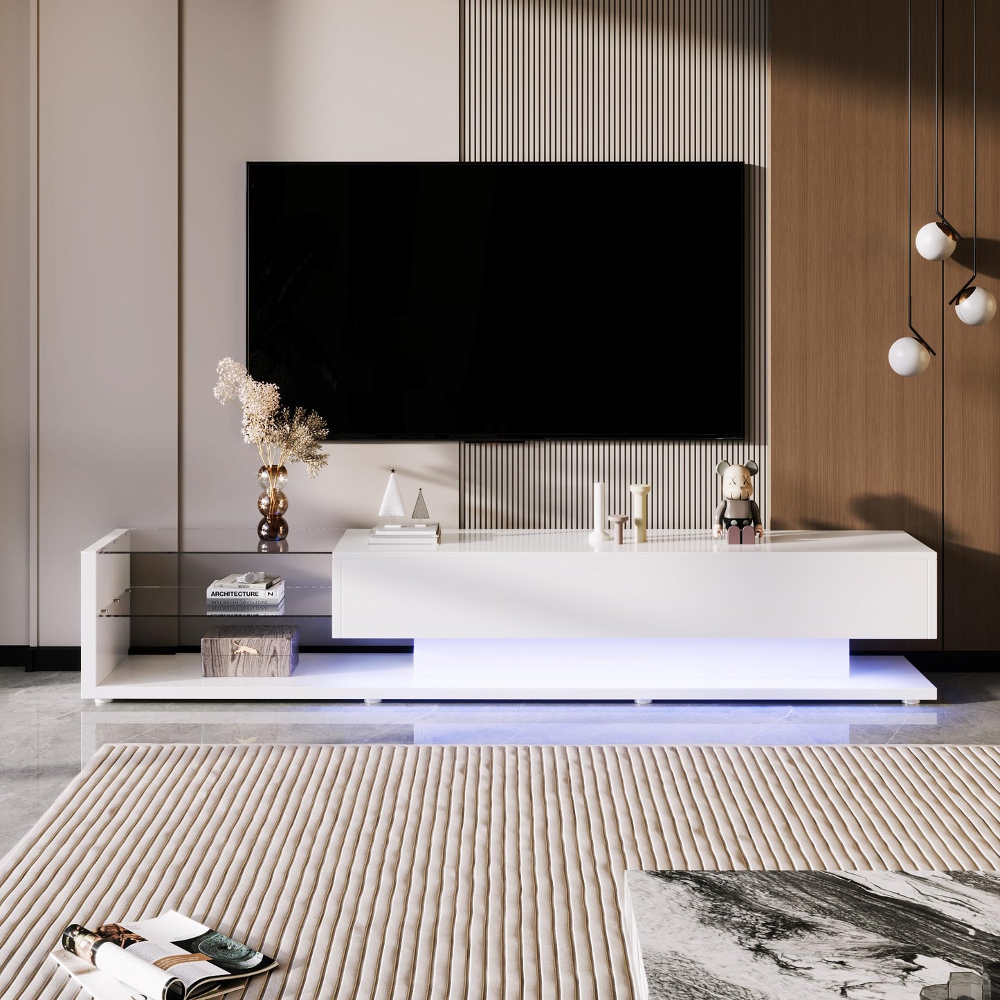 TV Cabinet, TV Stand with 2 Lockers, 200 cm Long, Adjustable Shelves, High Gloss LED TV Lowboard for Living Room Furniture and Dining Room, Bedroom