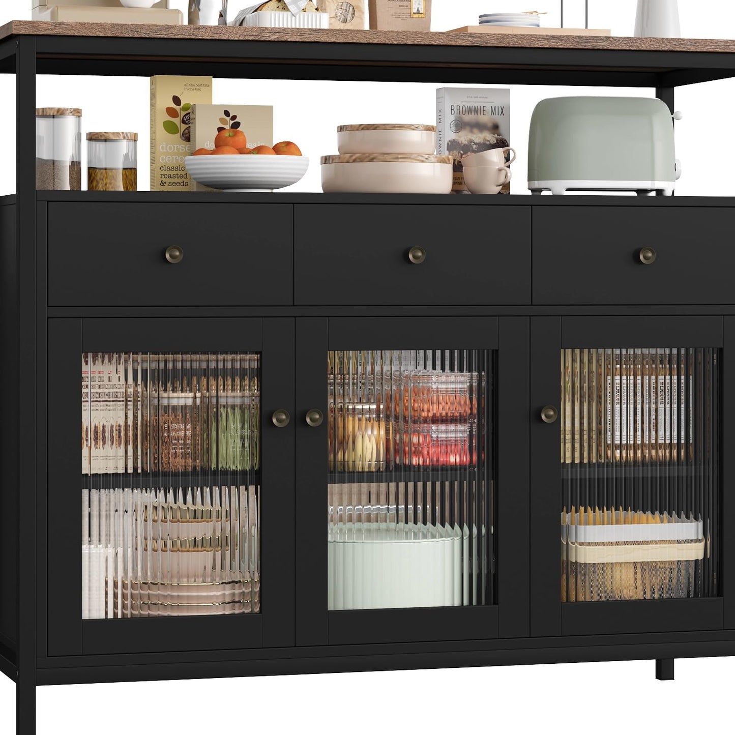 FirFurd Sideboard Küchenschrank mit Arbeitsplatte ＆3 Schubladen＆3 Glastüren, Buffetschrank Kommode Kaffeebar Mehrzweckschrank, Sideboard für Wohnzimmer Küche Esszimmer 108 x 38 x 98,5 cm schwarz