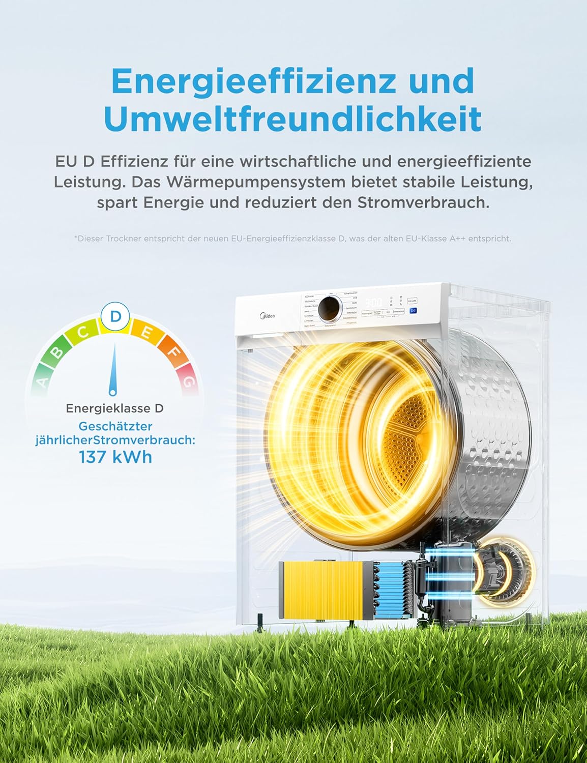 Midea MDV3EH100D Heat Pump Dryer, 10 kg, Energy Class D with Heat Pump Technology, UV Light for Hygienic Purity, Wrinkle Protection, LED Display, Delay Start, Quick Drying, White