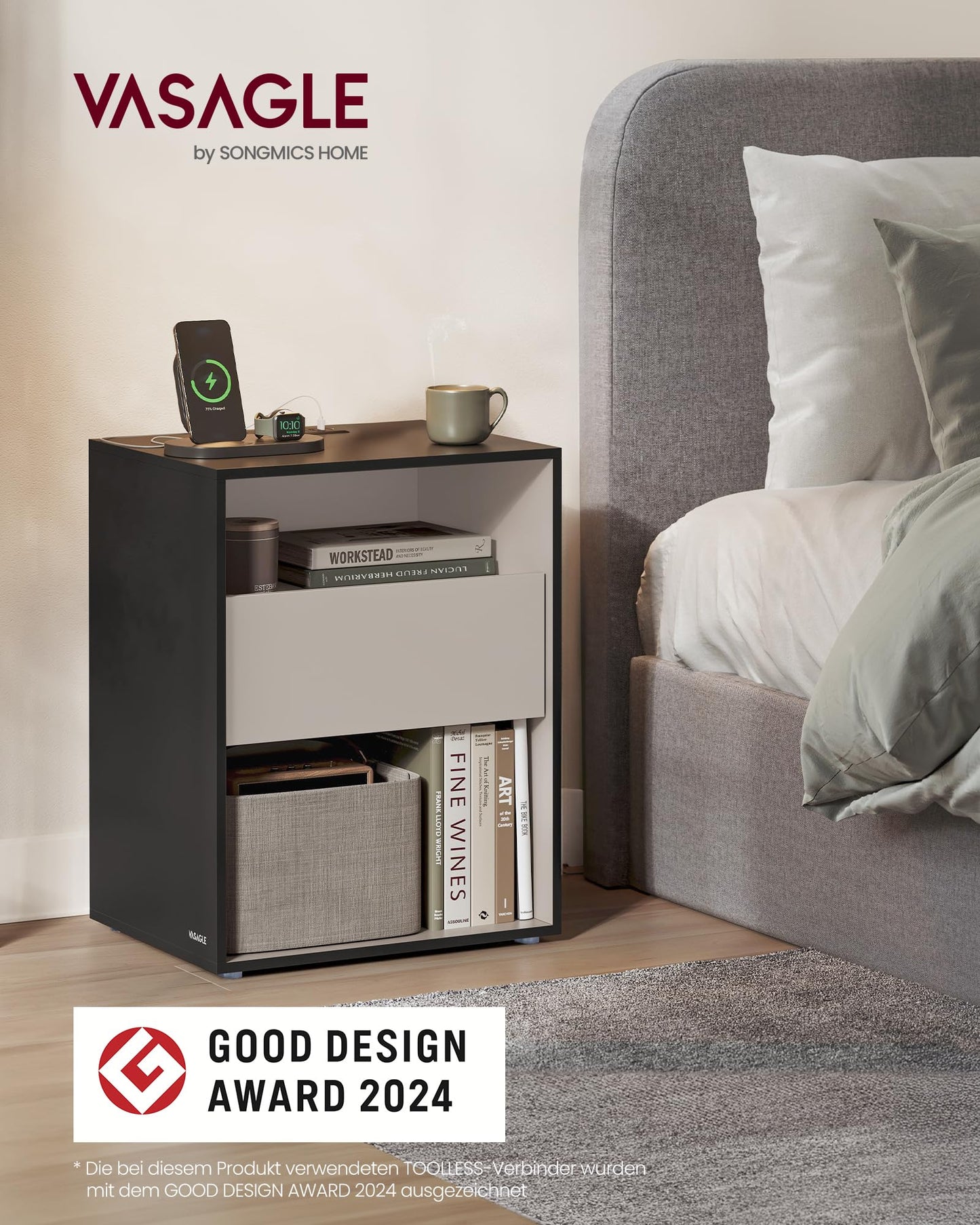 VASAGLE Bedside Table Set of 2, Toolless Technology, Super Fast Tool-Free Assembly, Side Table 3 Drawers, Bedside Cabinet, Bedroom, Living Room, Ink Black/Cappuccino Beige LET779B01