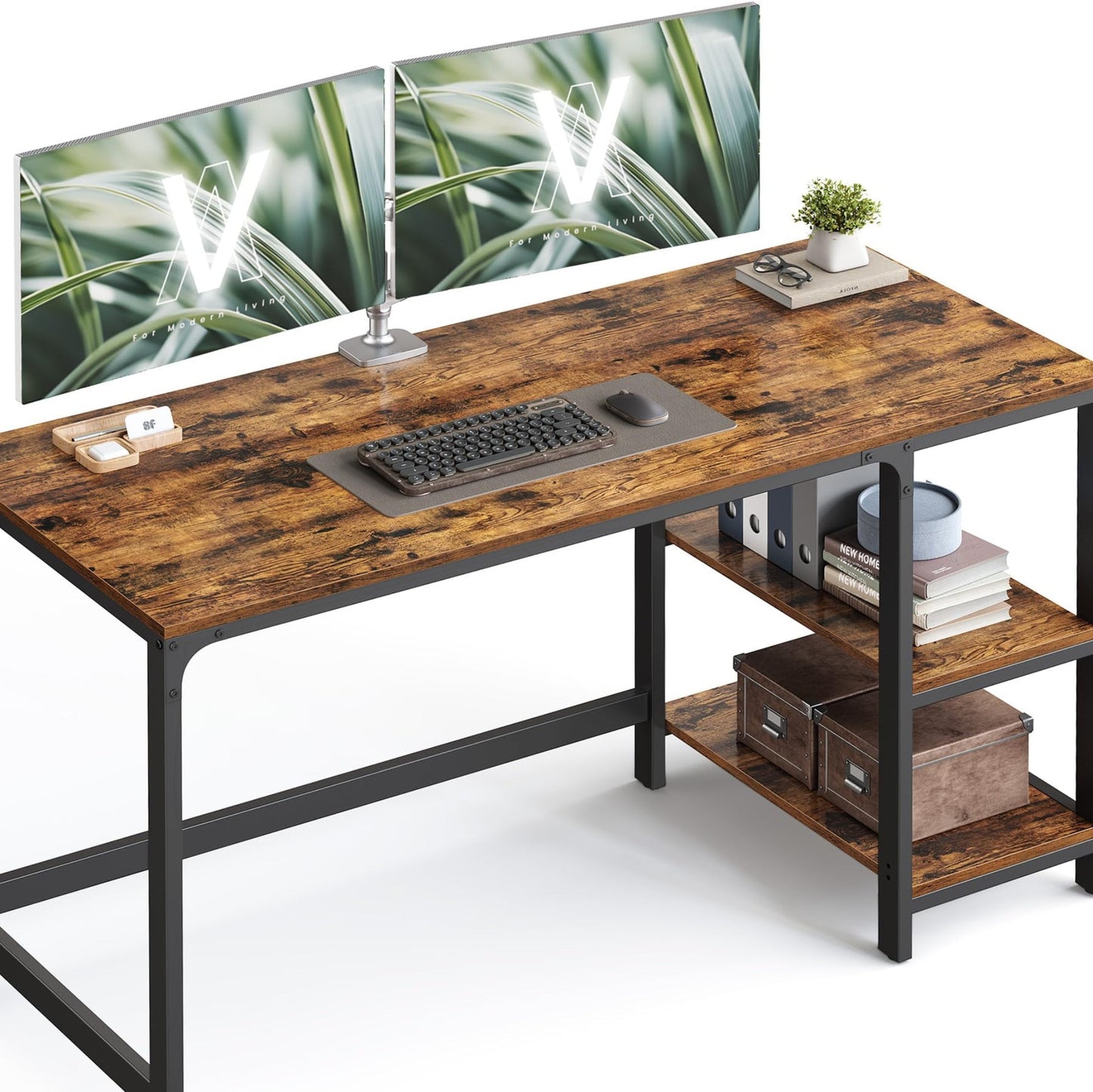 VASAGLE LWD55X Desk Computer Desk PC Desk Office Table with 2 Shelves on Right or Left Side for Office Living Room Steel Frame Industrial Design Vintage Brown/Black