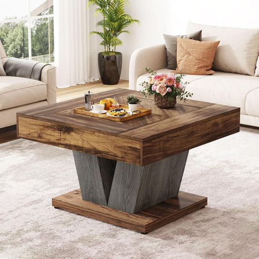 Tribesigns Square Coffee Table Wood Center Table for Living Room 80cm Modern Cocktail Tea Accent Table Rustic Brown and Black