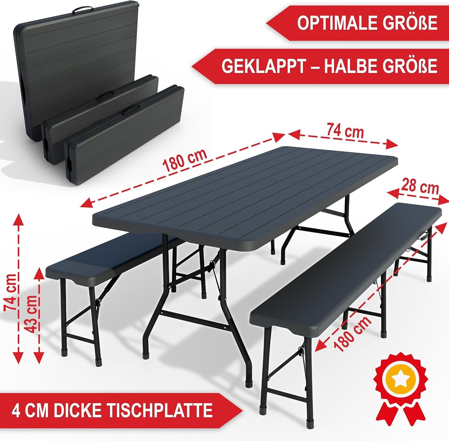 Onbest Bierzeltgarnitur in Holzoptik für 8 Personen – 3 teilig – Tisch mit 2 Bänken im Set – Biertischgarnitur aus robustem Kunststoff – klappbar – Tragegriff – 180 x 74 x 74 cm