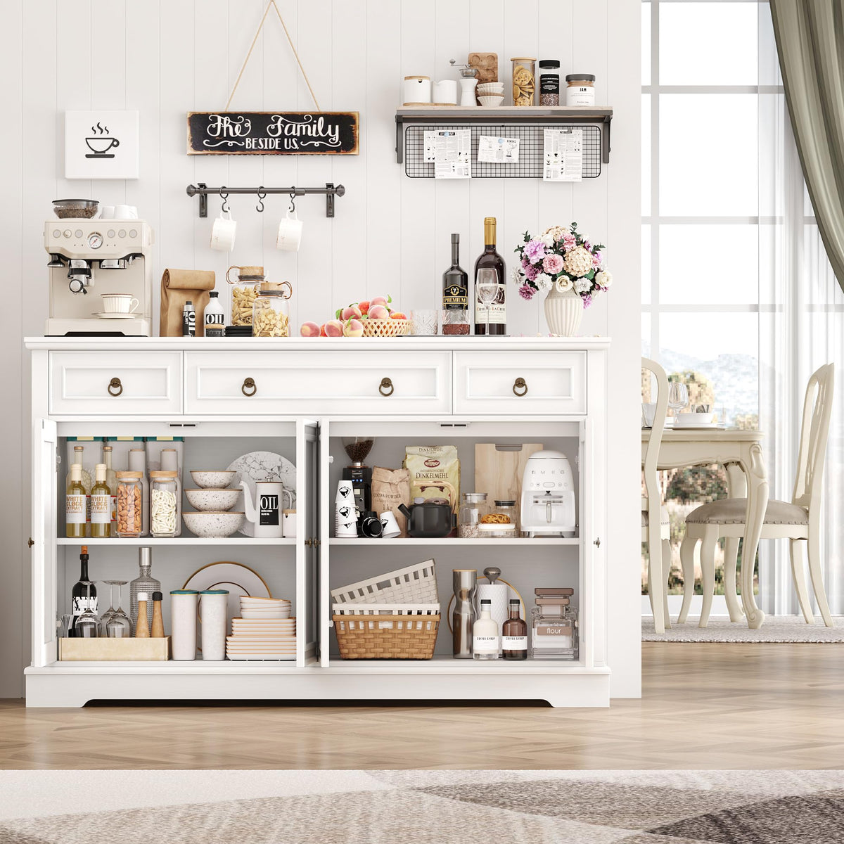 FirFurd Sideboard Kitchen Cabinet with Worktop Buffet Cabinet Sideboard for Kitchen Living Room Cabinet with 3 Drawers and 4 Doors Kitchen Buffet with Adjustable Shelf 134 x 87 x 40 cm White