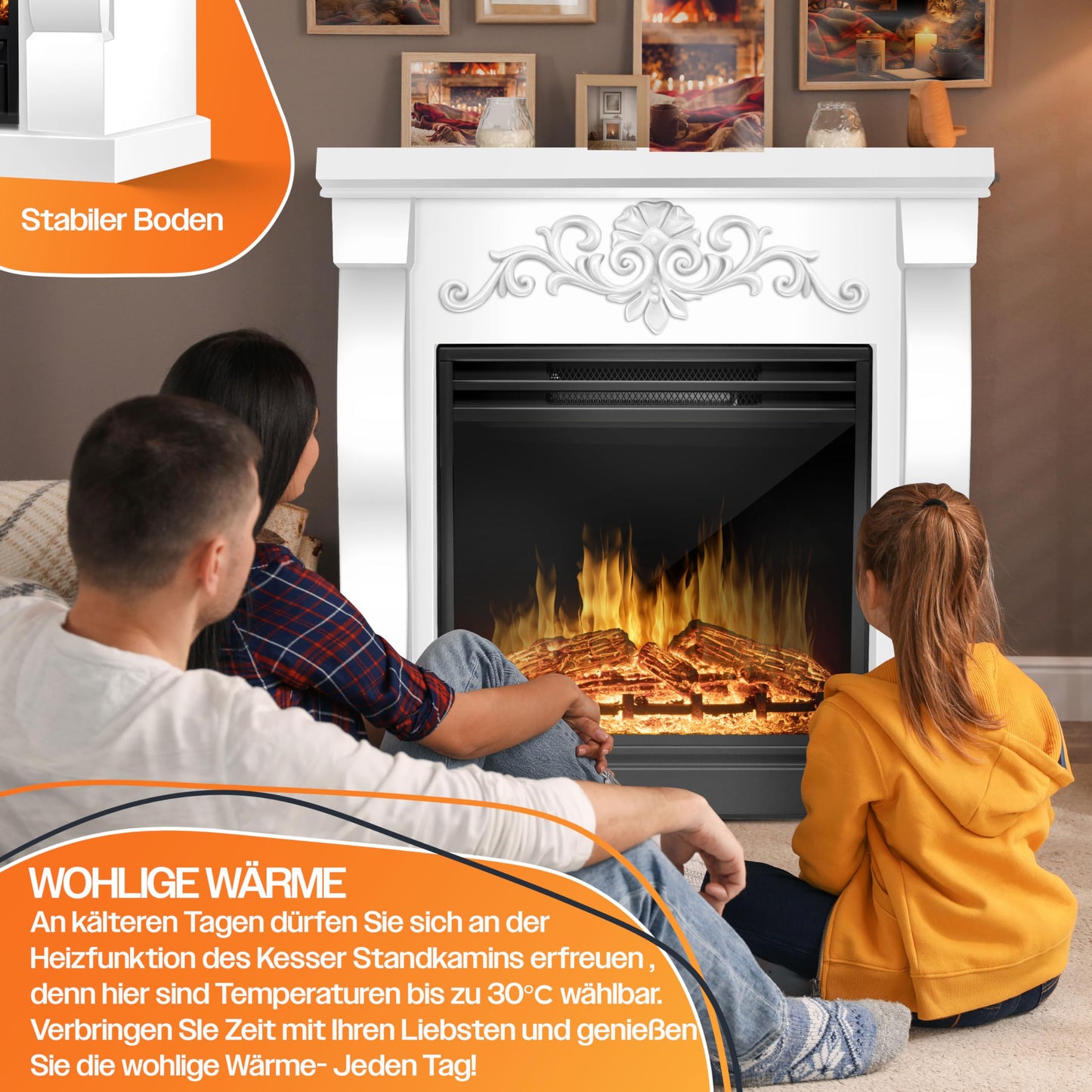 KESSER® Electric Fireplace with LED 3D Flame Effect, Heating Function, 1,800 W Power, Timer, Thermostat, Remote Control, Dimmable, Natural/Brown