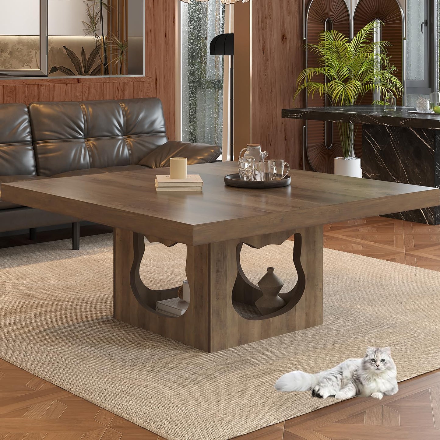 HSH Wooden Coffee Table, Living Room Table, Sofa Table, Side Table, Coffee Table with Cat House Cushion, Industrial Square Table, Rustic Oak, 90 cm