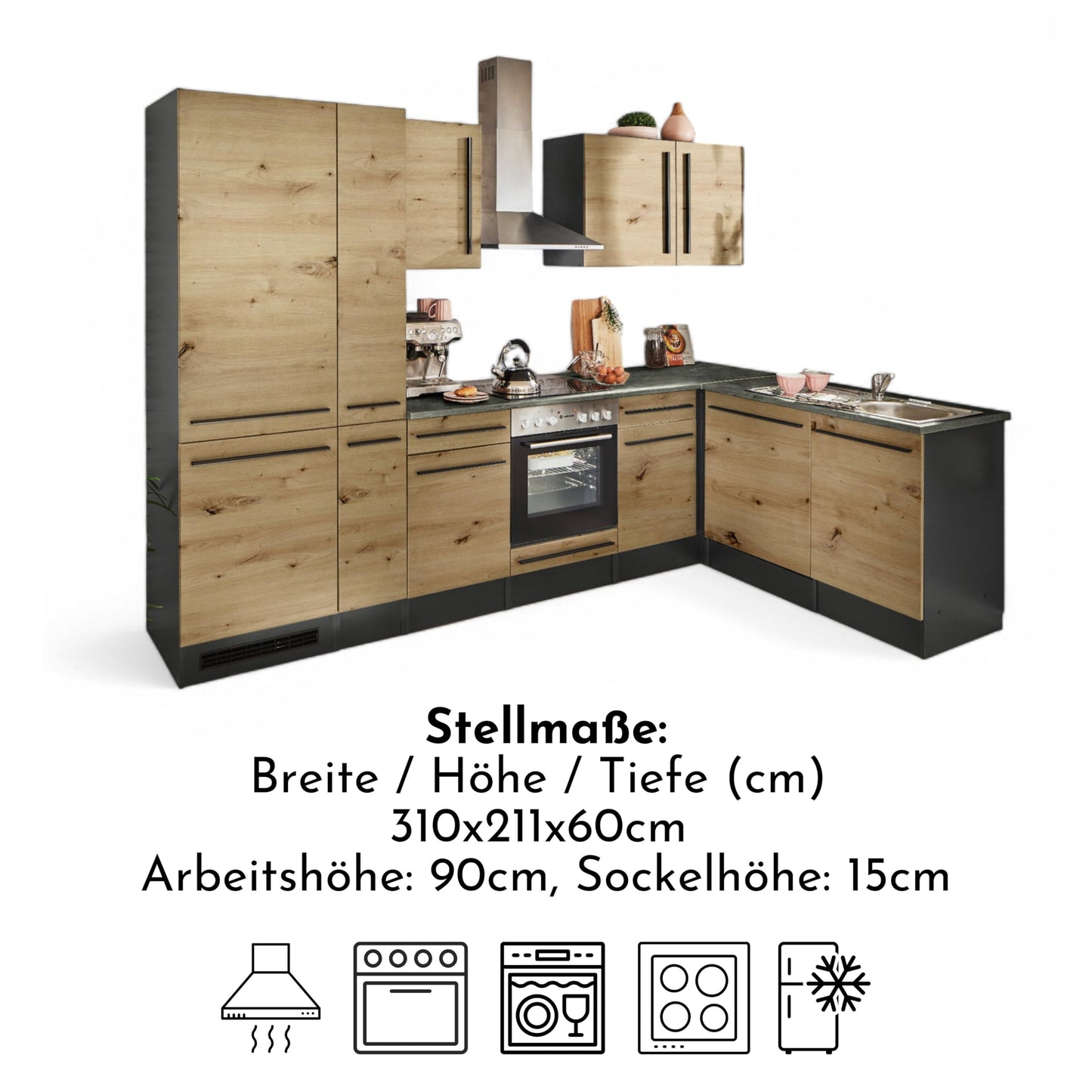 Jazz 8 Modern Corner Kitchen without Electrical Appliances in White High Gloss, Metallic Grey - Spacious Kitchen Unit in L-Shaped with Lots of Storage Space - 220 x 211 x 60 cm (W x H x D)