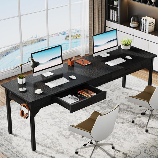 Tribesigns Schreibtisch Computertisch 200 x 60 x 82 cm, Doppelter Langer Schreibtisch mit 2 Schubladen, PC Tisch Bürotisch Arbeitstisch Esstisch Büro-Möbel Computertisch für Home Office, Braun