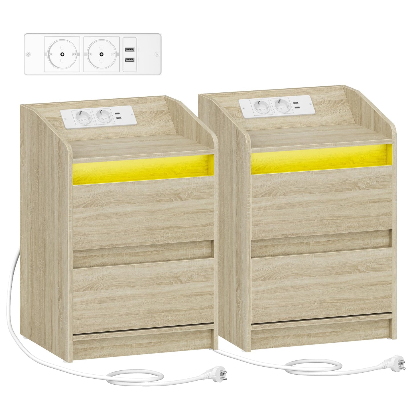 Hzuaneri Bedside Tables Set of 2 LED Lights, Charging Station and 2 Drawers, Side Table with USB Ports & Sockets, Stylish and Versatile, for Living Room and Bedroom, Black NS30104X