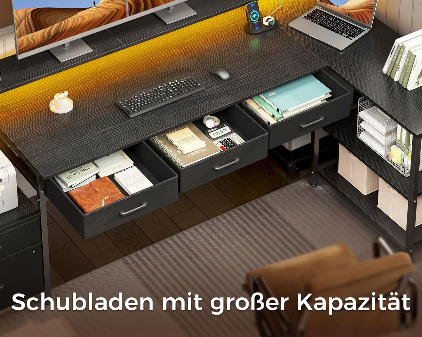 Coleshome L Shape Desk with Drawers, 195 x 100 cm Gaming Table with Socket, LED & Monitor Stand, Reversible Corner Desk with Storage Space, Computer Desk with Shelf for Office, Black