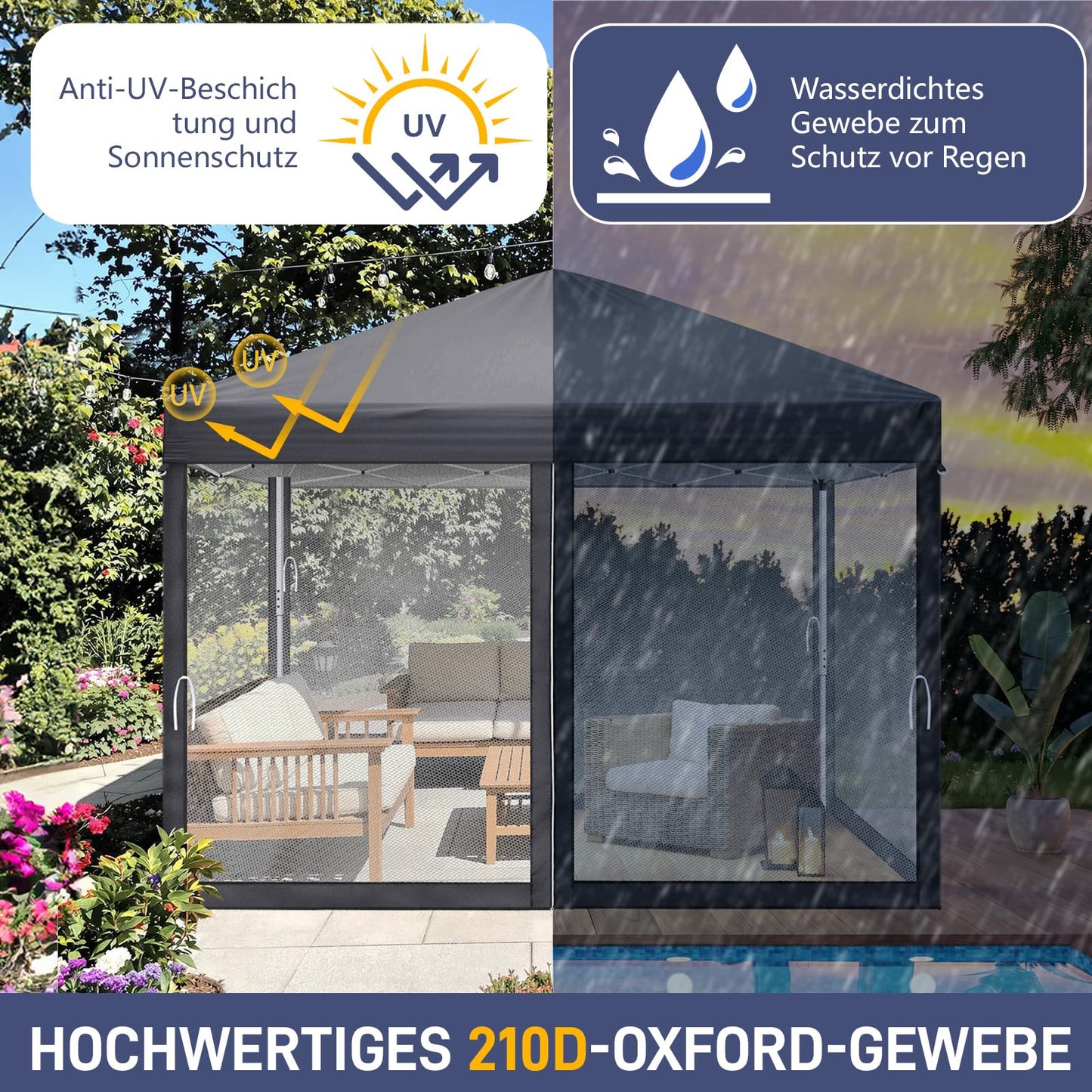 LEADZM Gazebo 3 x 3 m, Folding Gazebo, Waterproof, UV Protection 50+, Height Adjustable with 4 Mosquito Nets, Sturdy, Ideal for Garden, Patio, Camping and Commercial Use