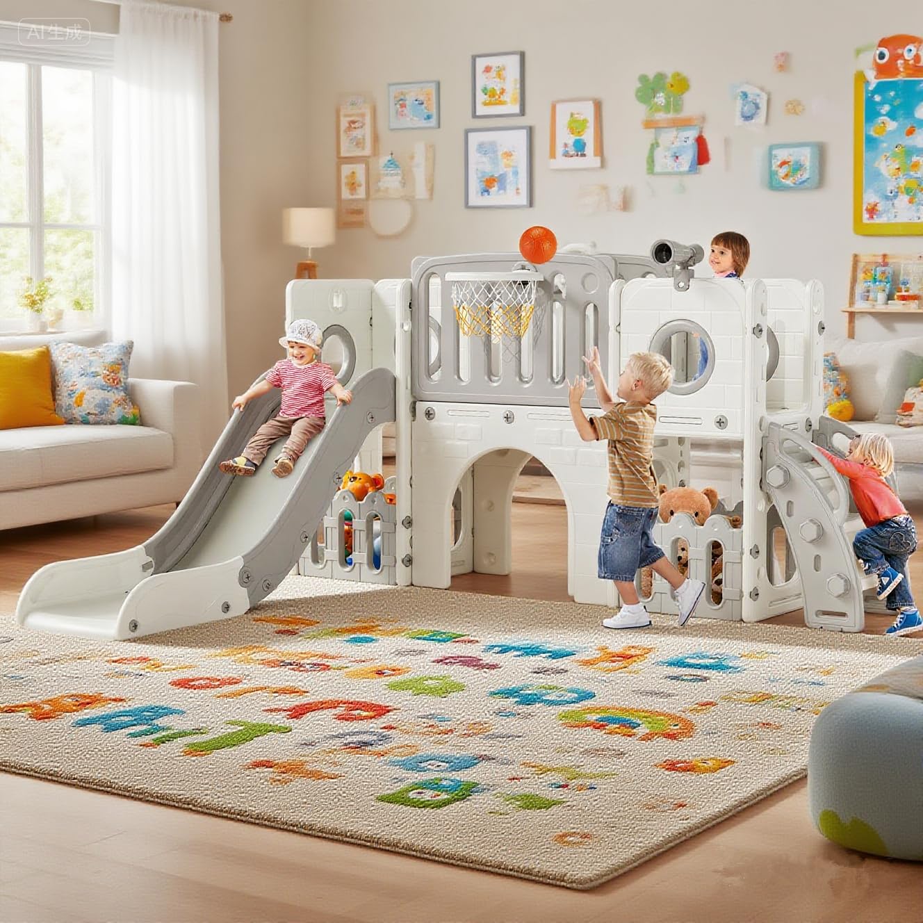 MAMIZO 9-in-1 Children's Slide, Children's Slide with Climbing Frame, Indoor and Outdoor Slide with Basketball Hoop and Telescope, Tunnel, Storage Space, Garden Slide, Children's Playground, with 2