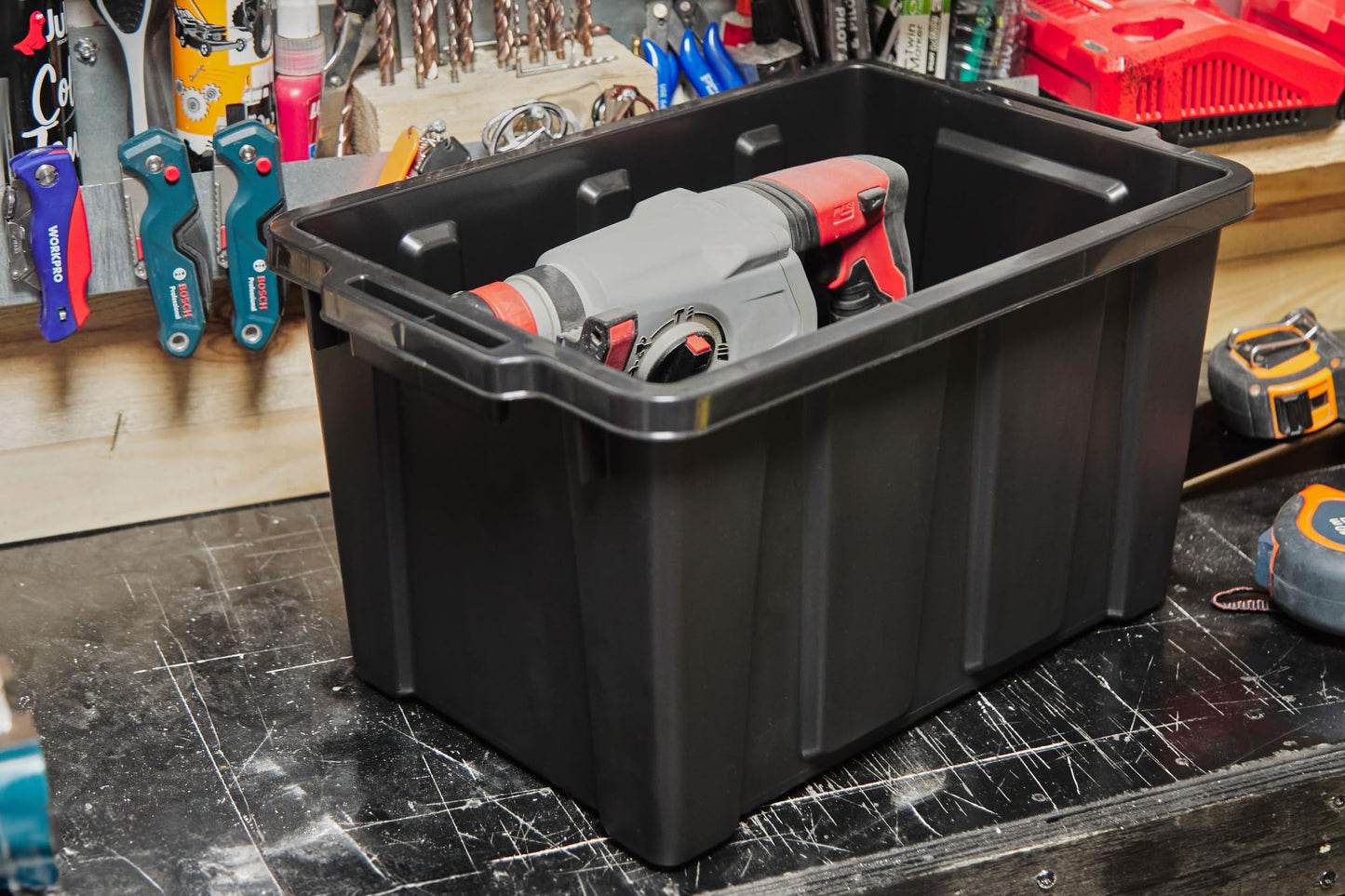 Iris Ohyama, 100L Plastic Storage Box with Heavy Duty Lid, Set of 2, Black, Stackable, Garage Shelves, Moving Moving Plastic Tool Box Storage Box UTB-27