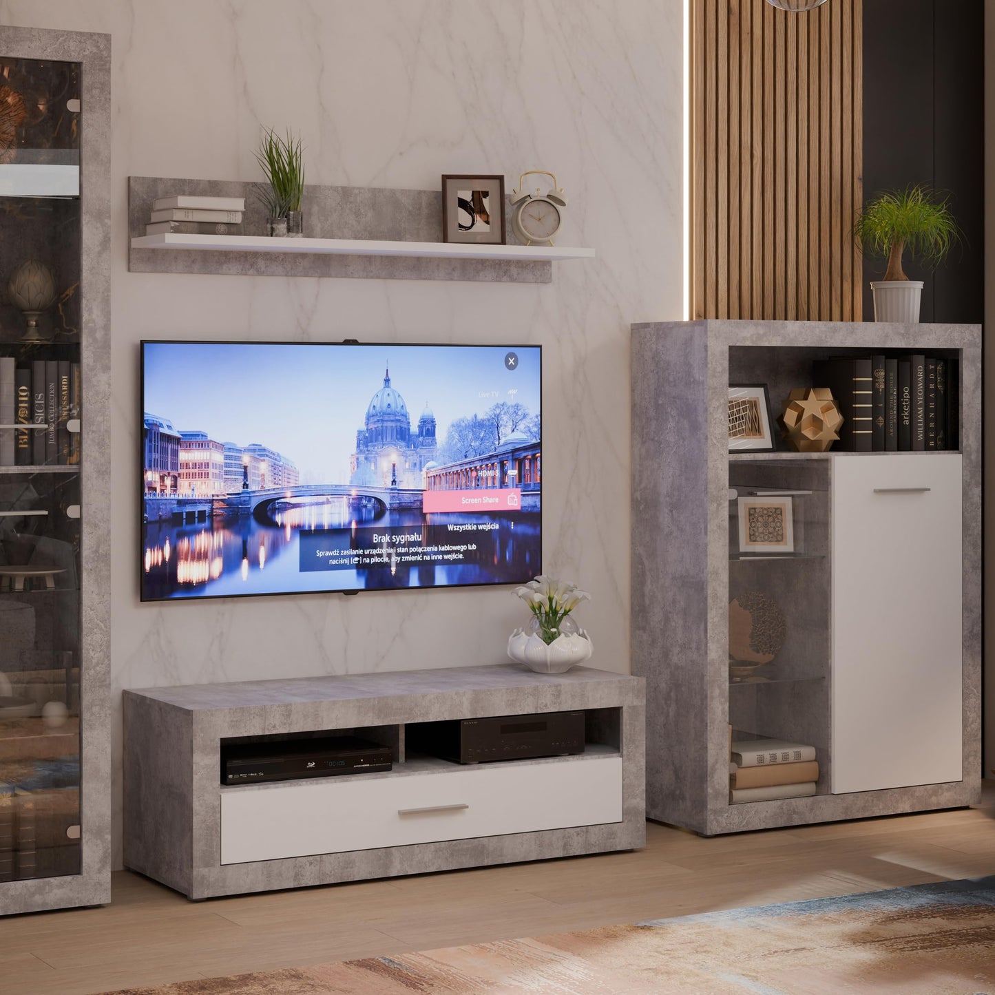 Forte Finley 330 Modern Wall Unit with TV Cabinet, Display Cabinet, Wall Panel and Chest of Drawers, Composite Wood, White with Concrete Look Accents, 328.4 cm Wide x 193.7 cm High x 41 cm Deep