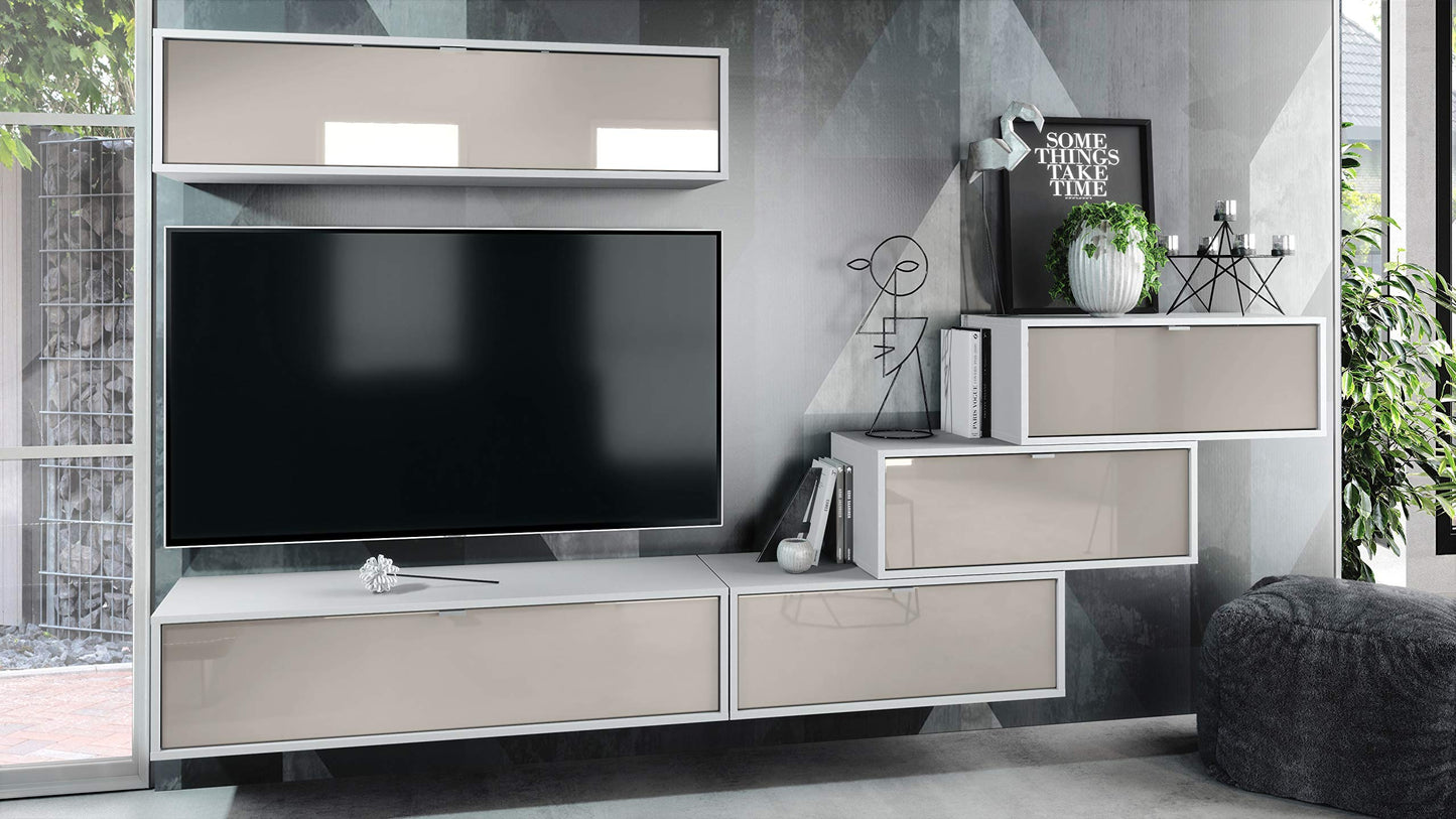Vladon Lana V1 Wall Unit Made of 5 Hanging Elements with 12 Compartments, Made in Germany, Body in Matte White, Fronts in Bordeaux High Gloss, Large Choice of Colours