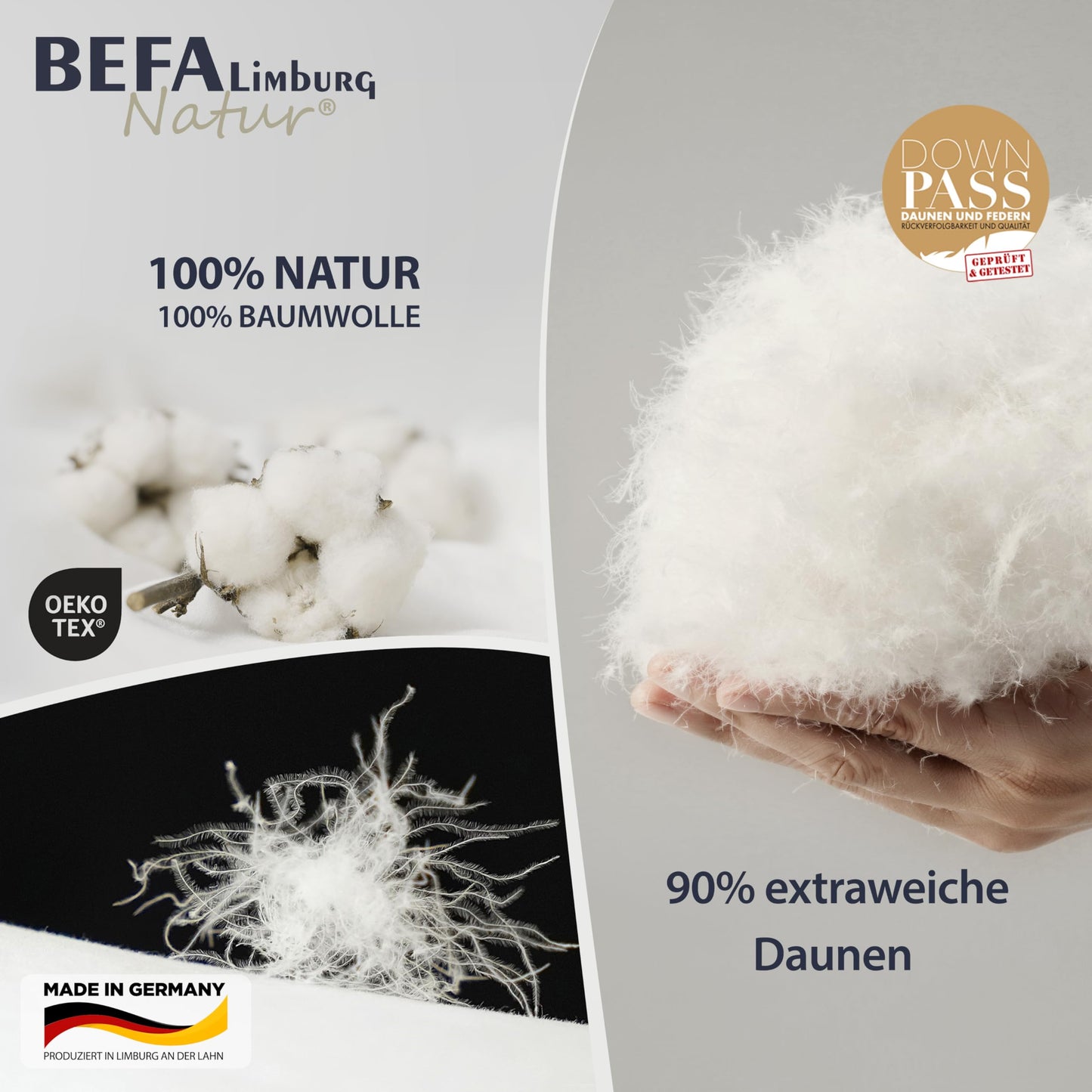 BEFA NATUR Down Duvet, Made in Germany, 135 x 200 cm, 90% Down and 10% Feathers, Summer Duvet, Suitable for Allergy Sufferers (Nomite), Oeko-Tex 100 Class 1 Certified, EN Standard 12934, Downpass