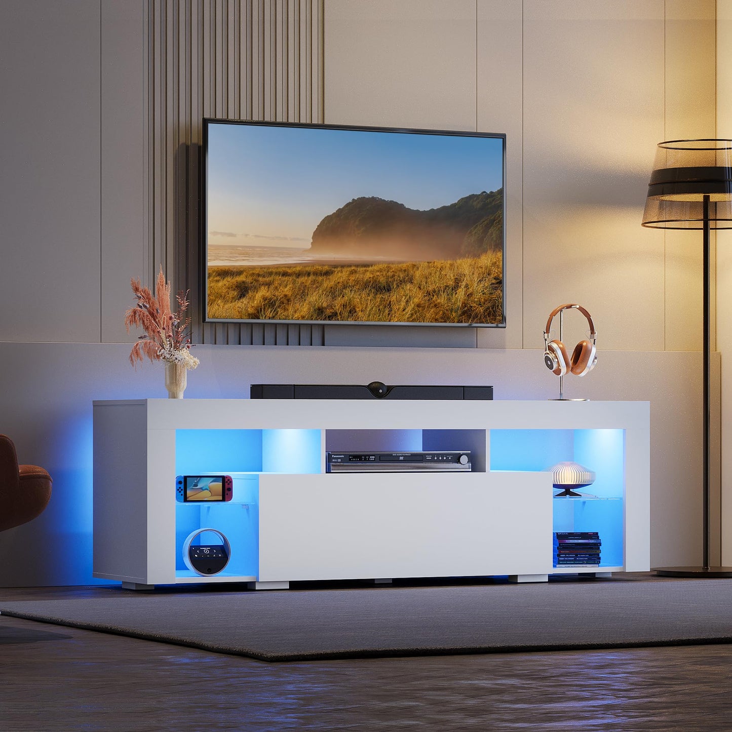 WLIVE TV Cabinet with LED, Lowboard Black for TVs up to 60 Inches, TV Stand for Living Room, 20 Colours LED Lighting, TV Cabinet with Open Storage Space and Drawers, Black