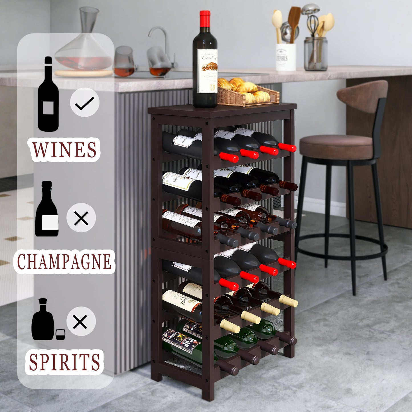 24 Bottle Wine Rack Freestanding Base, 6 Tier Wine Display Storage Shelves with Table Top, Bamboo Wine Bottle Holder Stand with Wave Bars for Kitchen, Dining Room, Pantry, Black