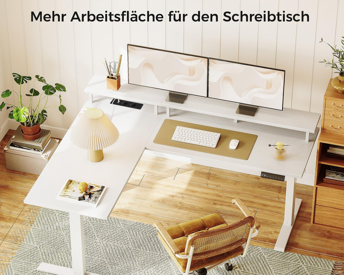 OffiGo Height Adjustable Desk, 150 x 120 cm, Corner Desk, Height Adjustable with Monitor Holder, Electric Desk, L Shape with Sockets, Computer Desk with LED Light Strip for Office, White