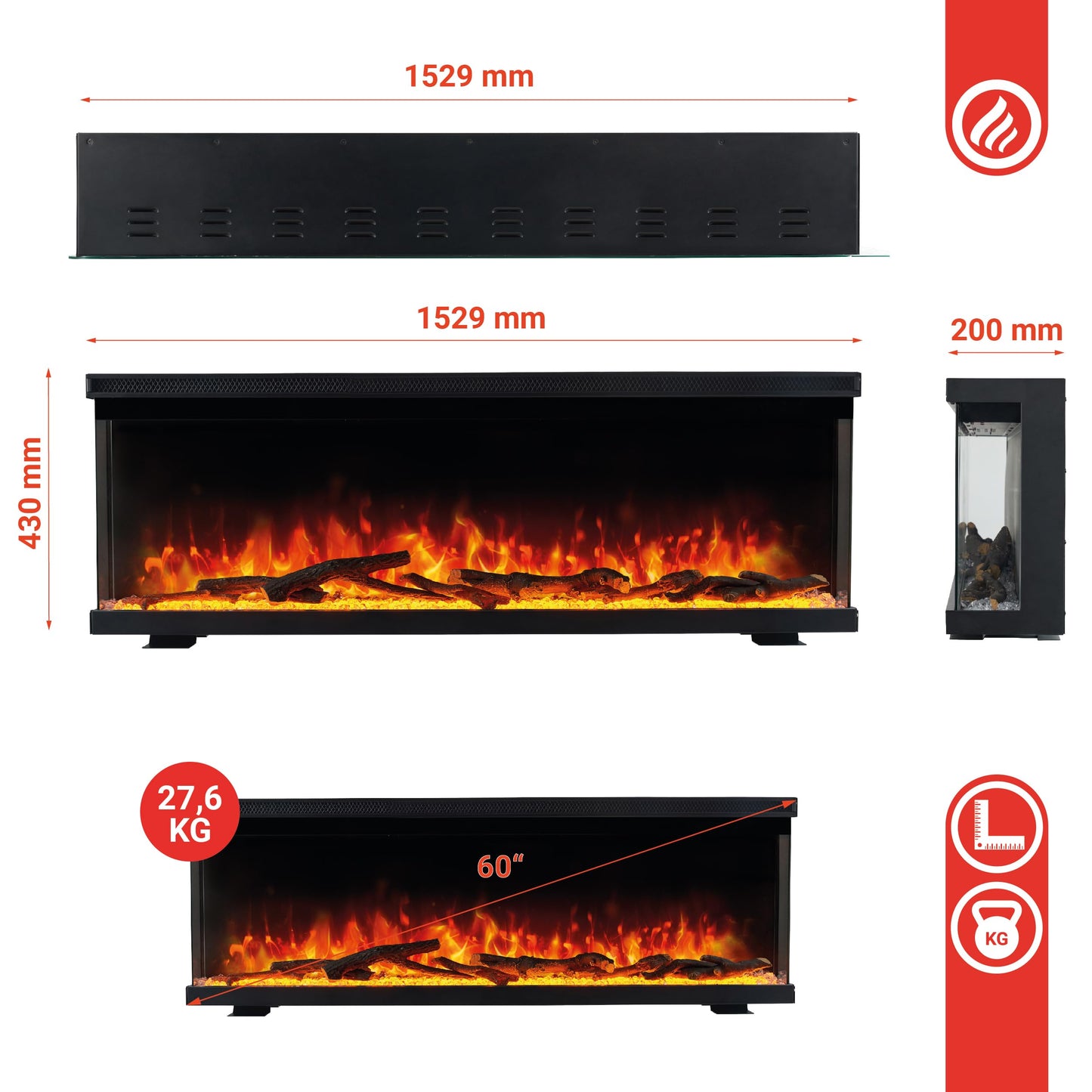LEA Electric Fireplace - Electric 3-in-1 Fireplace with Panoramic View, Heating, 3D Flame Effect, 12 Flame Colours, Remote Control (42 Inches)