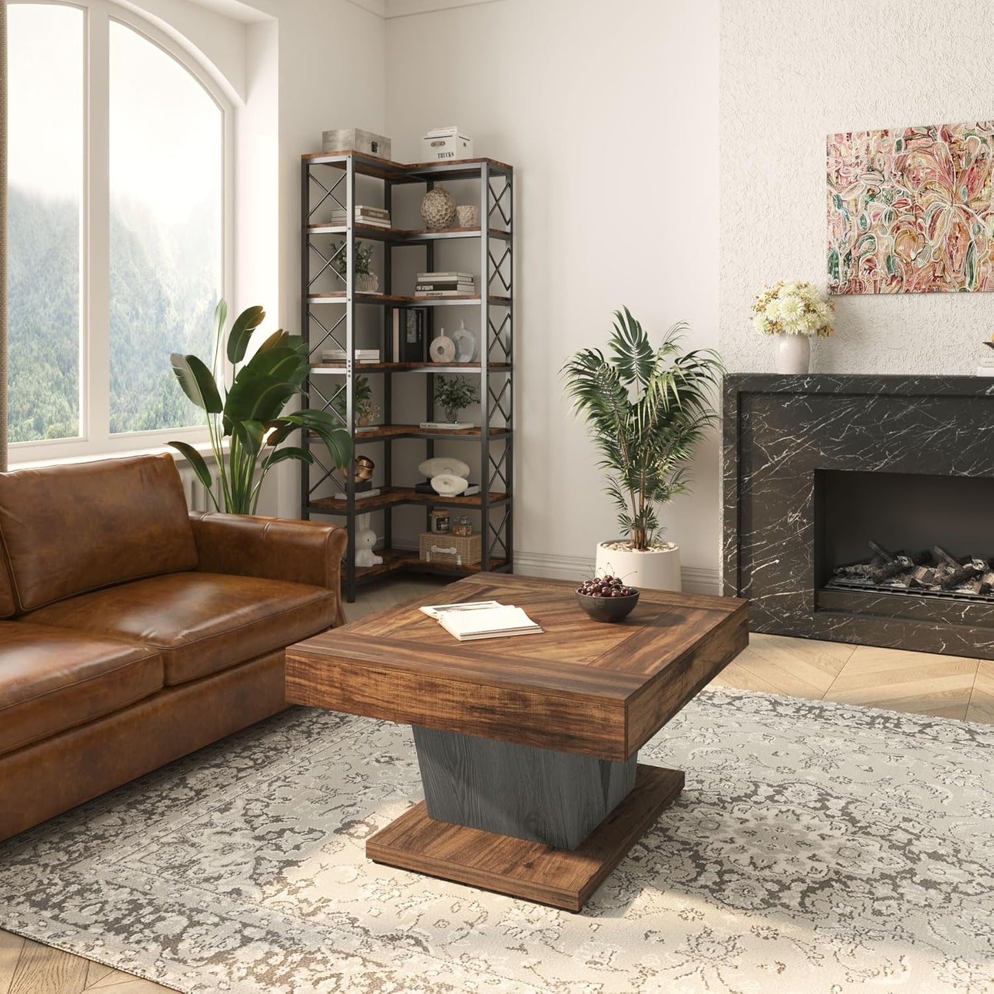 Tribesigns Square Coffee Table Wood Center Table for Living Room 80cm Modern Cocktail Tea Accent Table Rustic Brown and Black